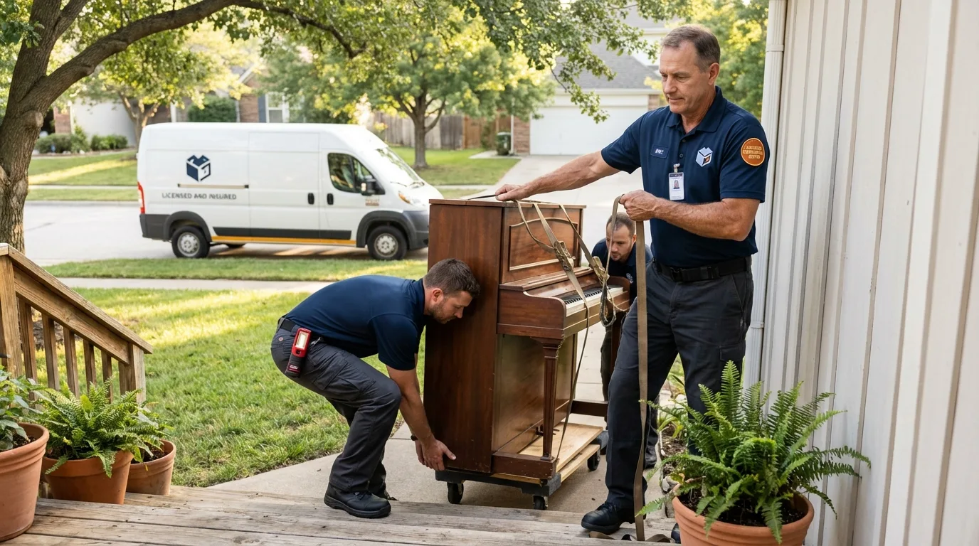 Licensed piano movers securing grand piano in Farmington, NM