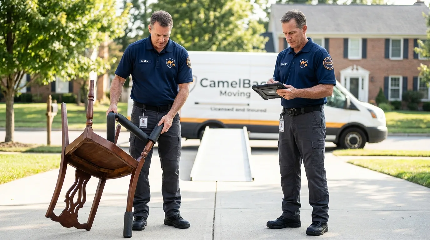 Movers inspecting furniture for damage prevention before loading in Farmington, NM