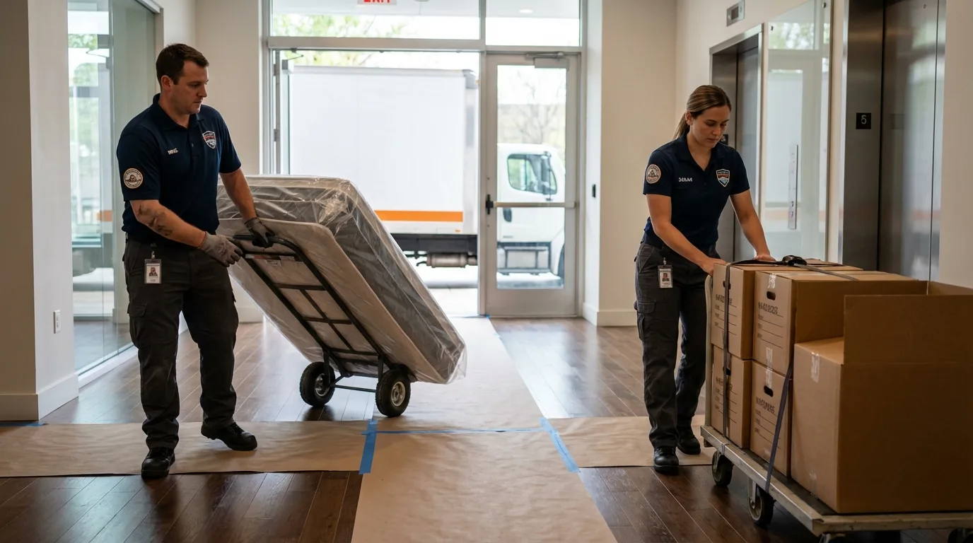 Professional apartment movers loading elevator in Farmington, NM