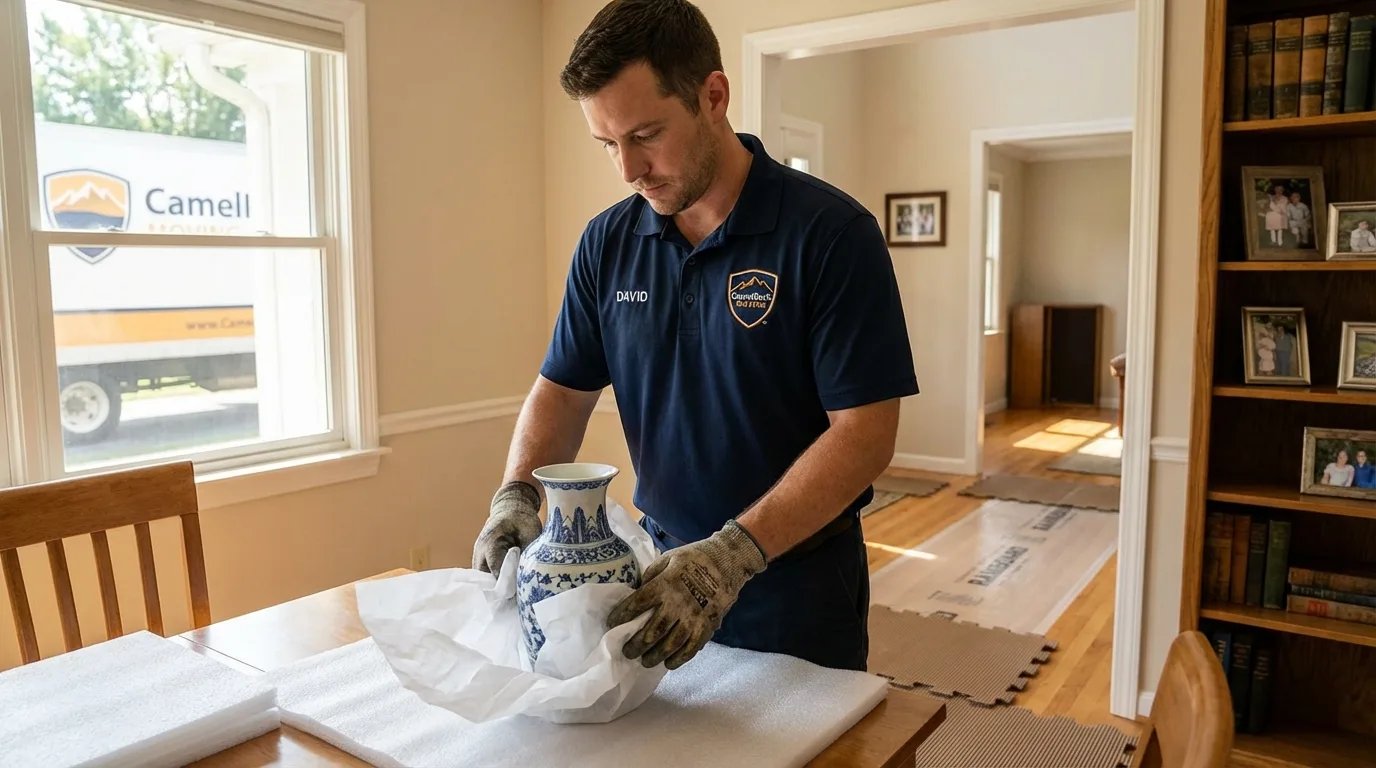 Professional crew carefully wrapping antique vase for senior downsizing move in Farmington, NM